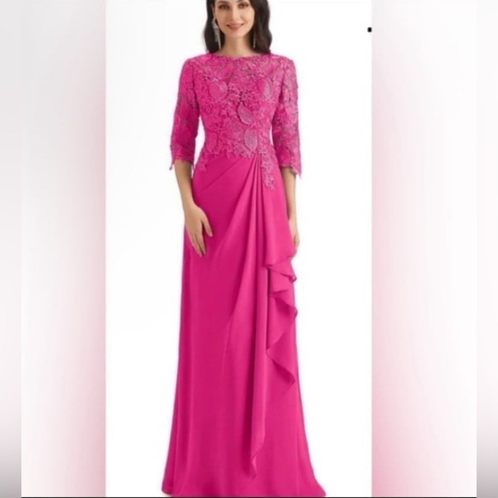 ChicSew bright Pink ruched long 3/4 sleeves Lace formal Evening Gown Sz 12